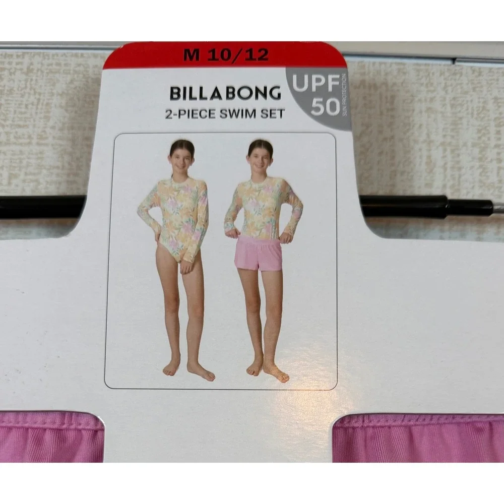 NWT Billabong Girls 2-Piece Swim Floral Rash Guard Bodysuit Shorts Pink M 10/12